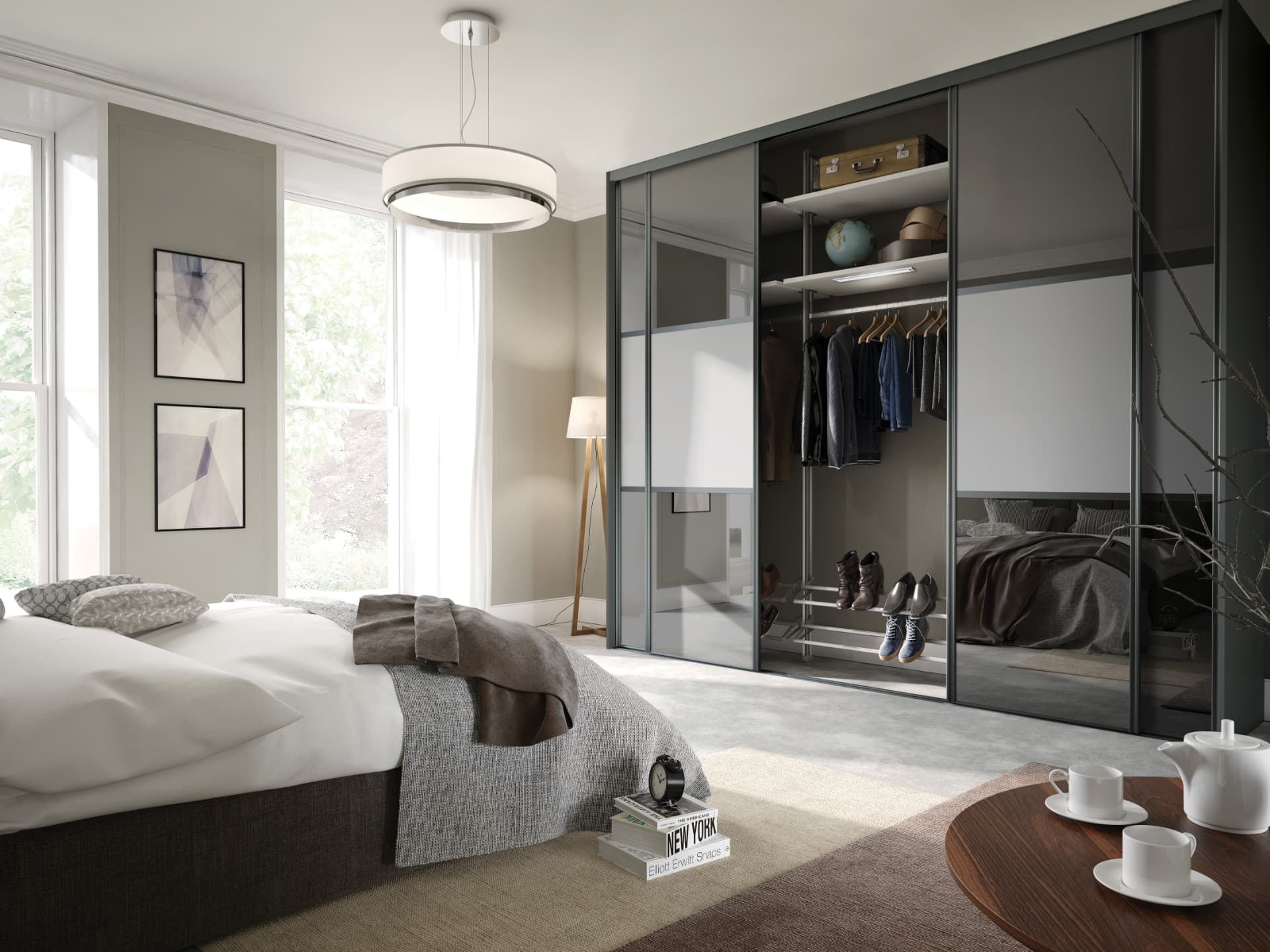 Sliding wardrobe doors in grey mirror and light grey with graphite frames