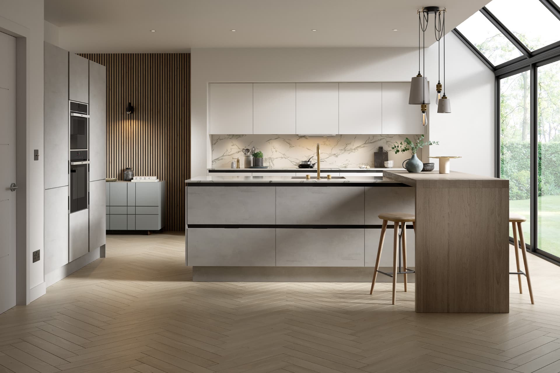 Inset Setosa kitchen painted arctic white with light Artstone worktops