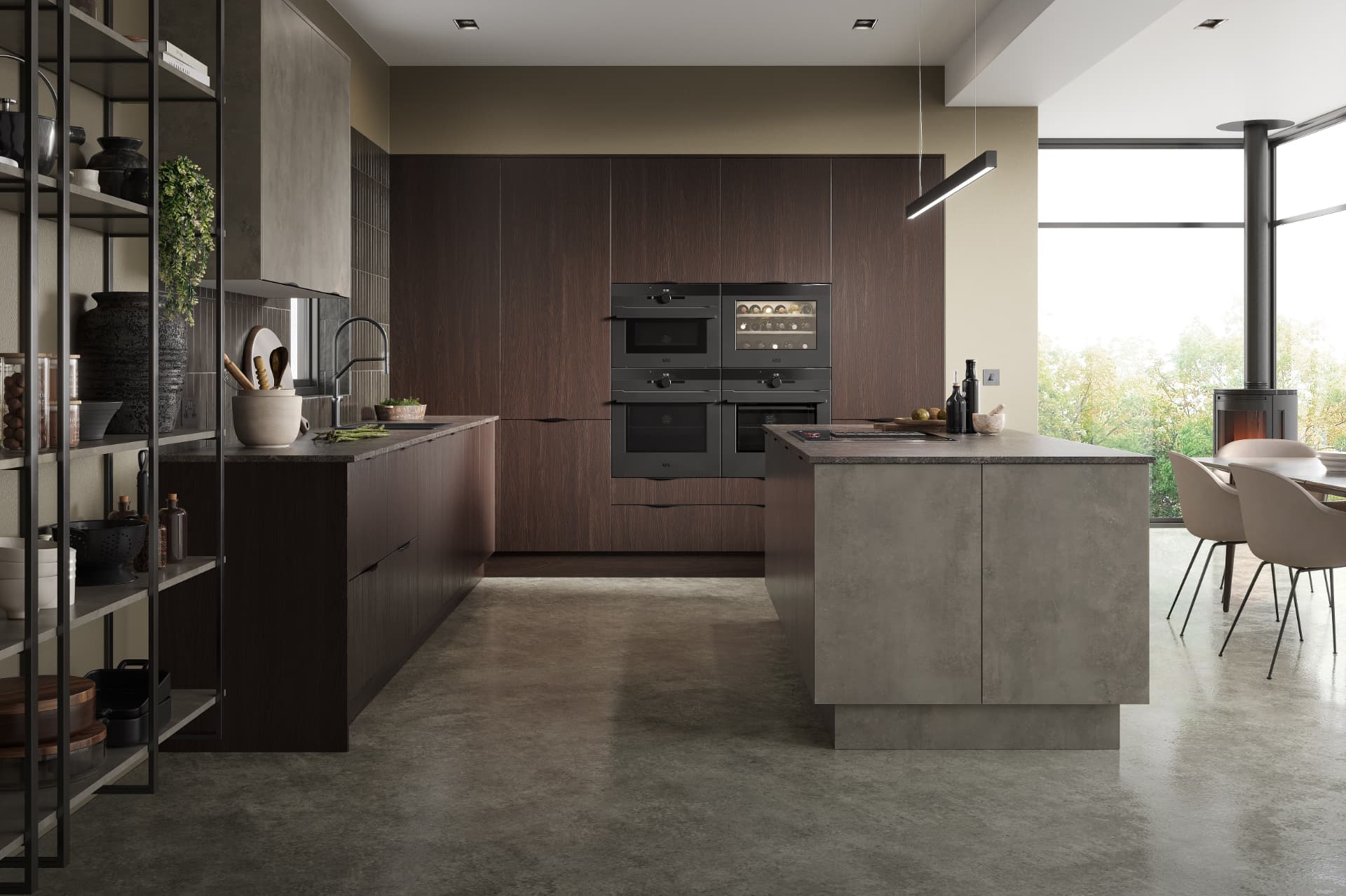 Dark wenge timber kitchen with a stone-effect island, designed and installed by Studio Seven