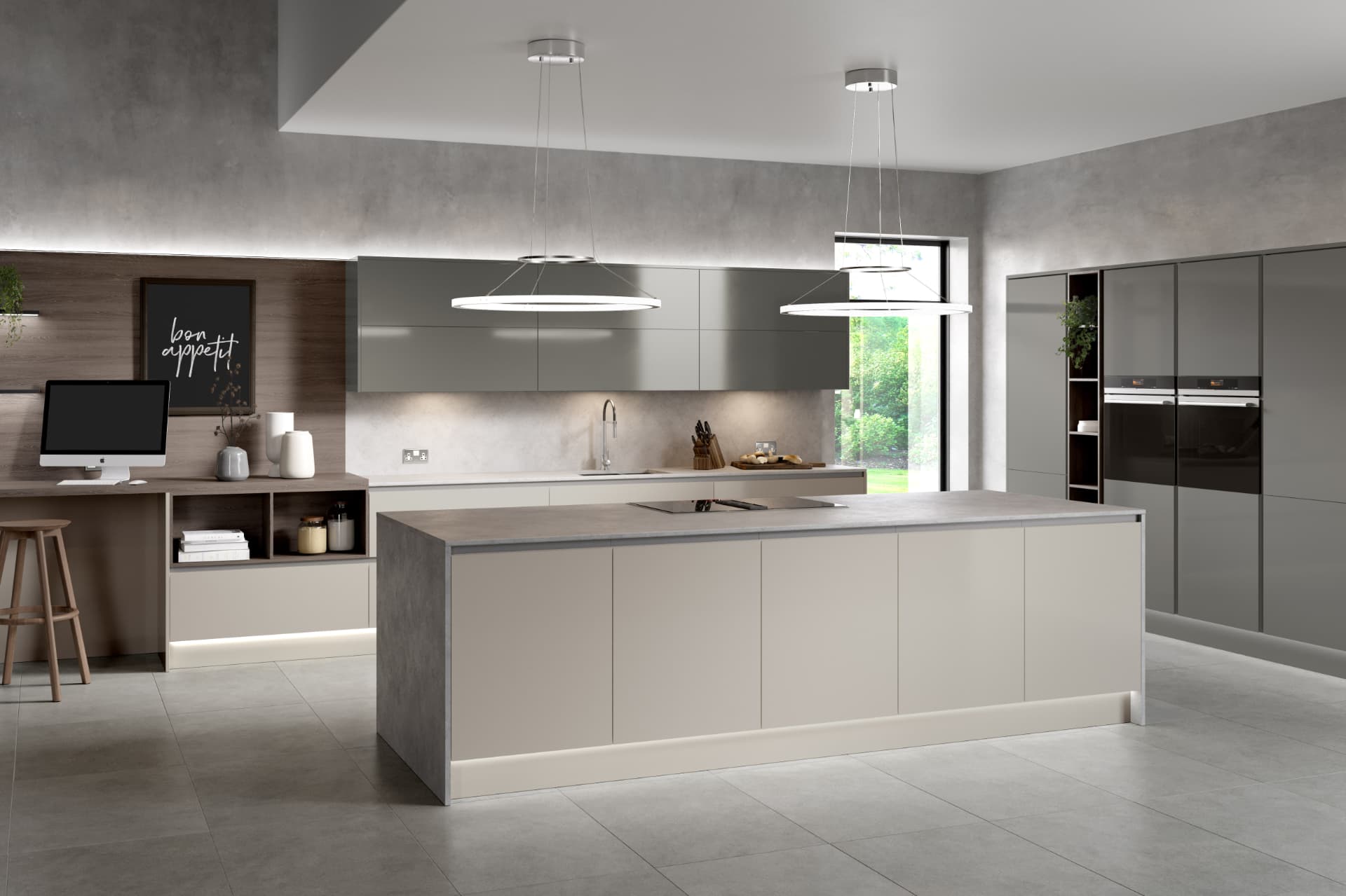 Two-tone graphite and limestone kitchen with a run of tall storage and pendant lighting over the island
