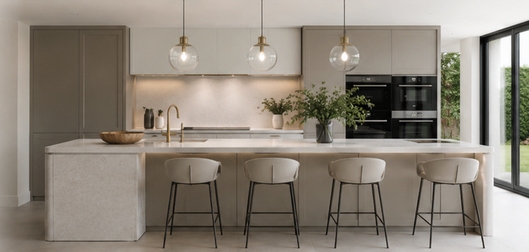 Contemporary German kitchen with island and pendant lighting