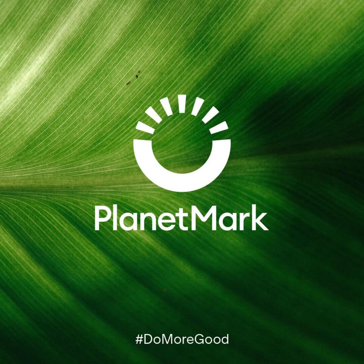 Planet Mark logo on a green leaf background with the hashtag Do More Good