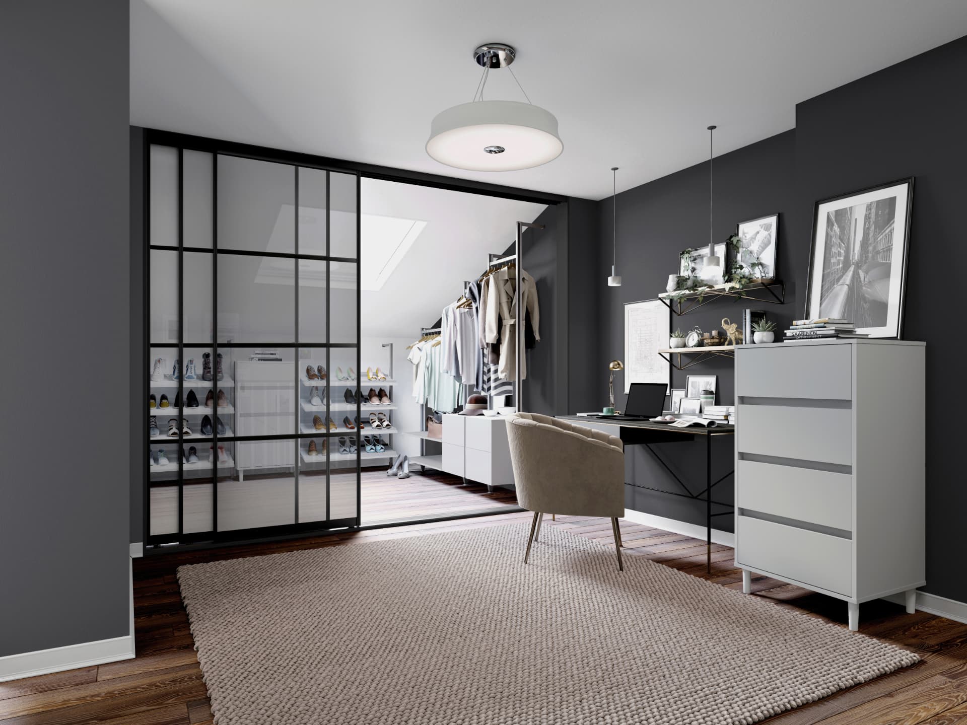 Walk-in dressing room with black-framed clear glass sliding doors and open shelving, designed by Studio Seven
