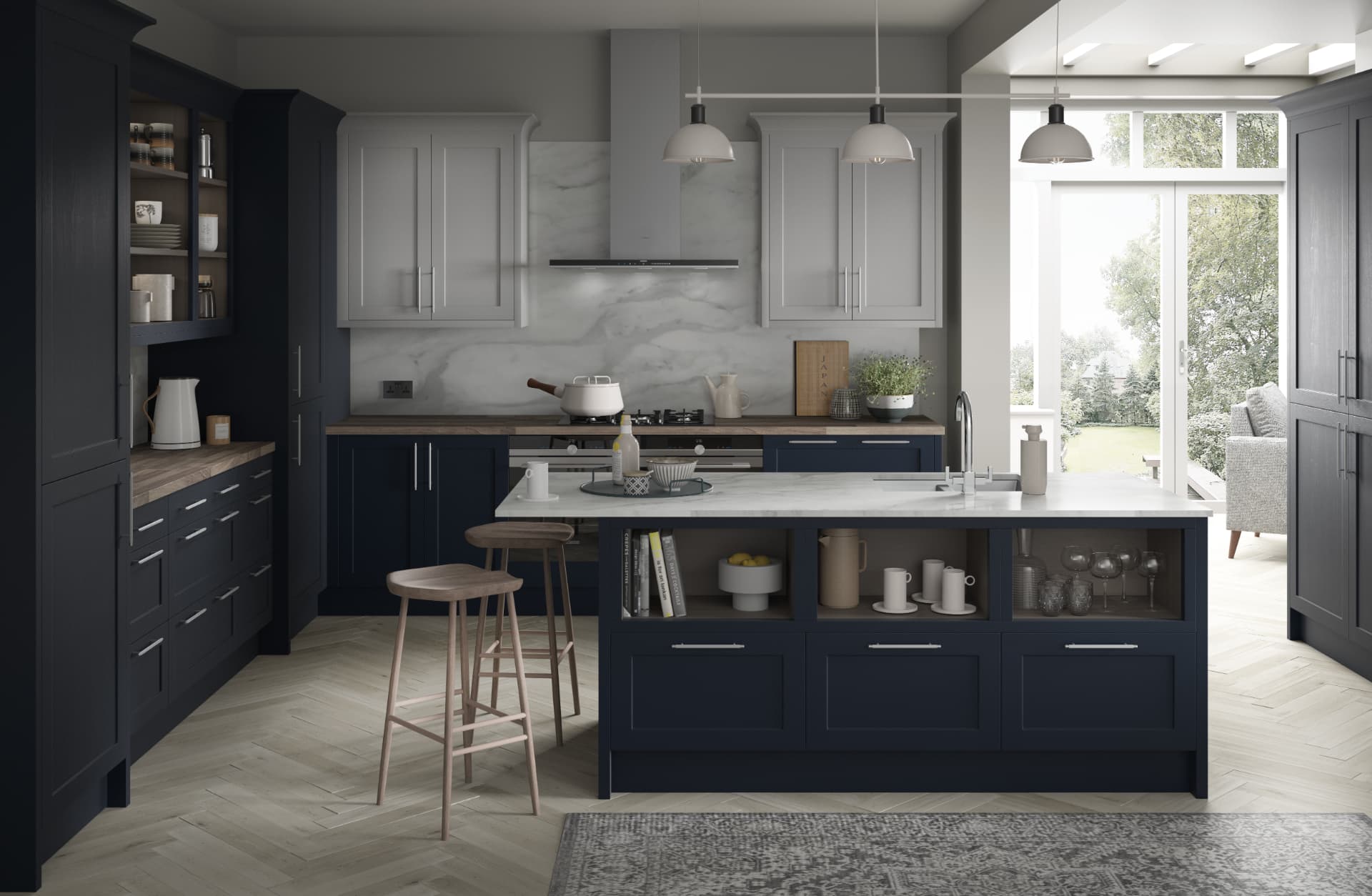Painted indigo blue-grey shaker kitchen with a large island and timber worktop, designed by Studio Seven