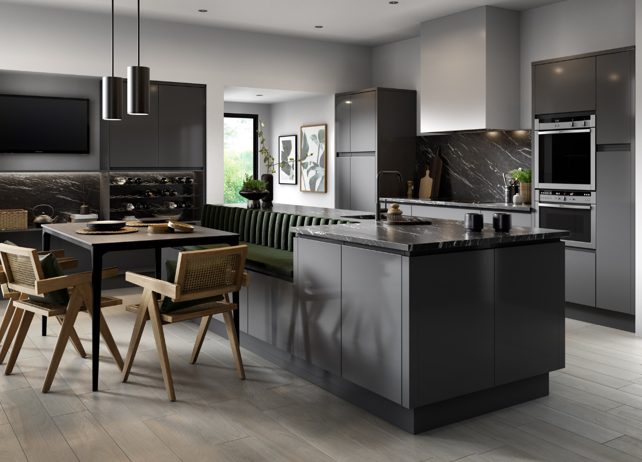 In-line anthracite kitchen with slab doors and long worktop run
