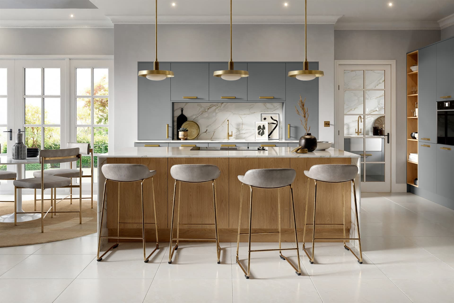 Cityscape kitchen with slab fronts and streamlined worktop run