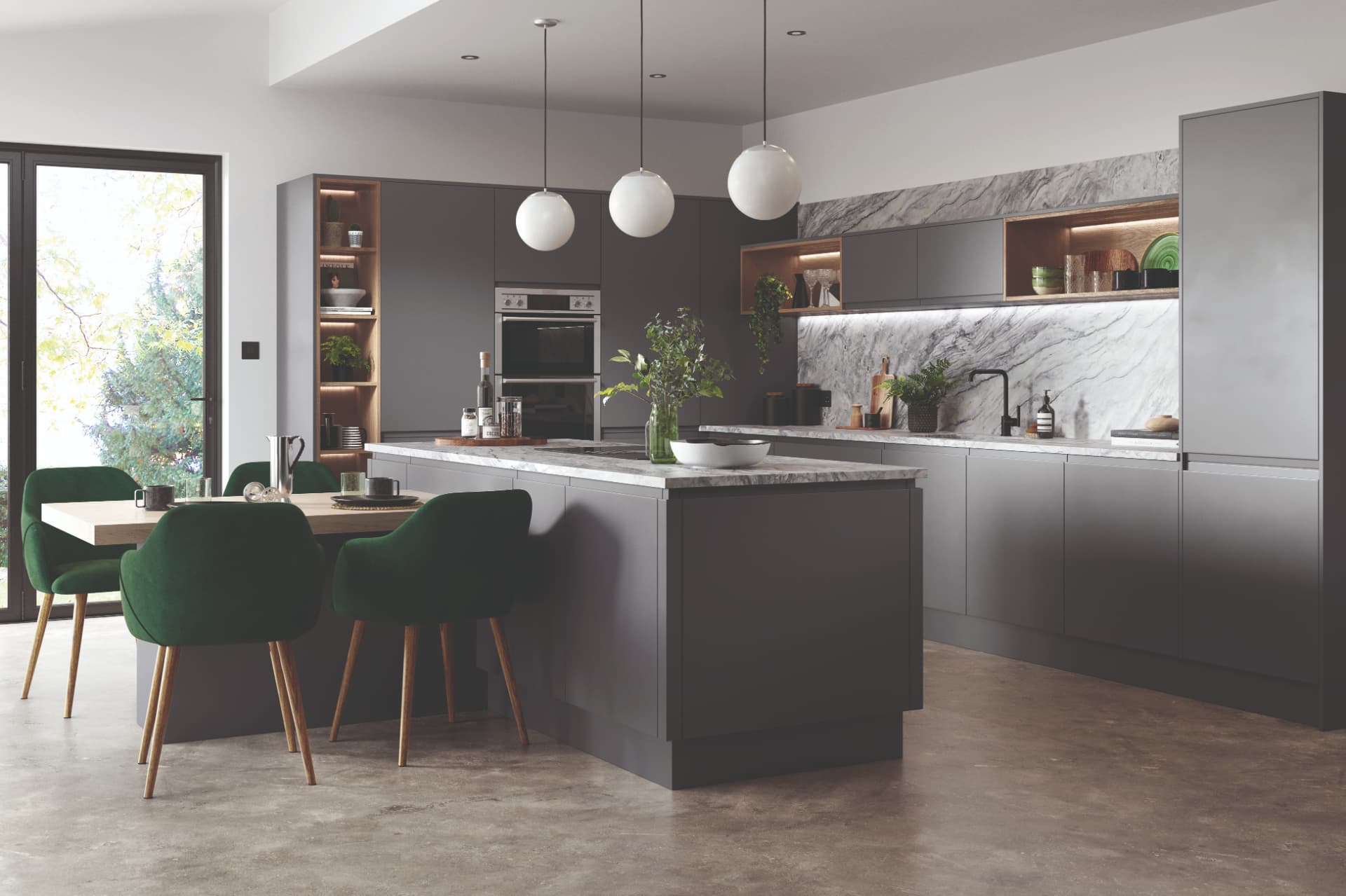 Painted anthracite in-line kitchen with brushed metal handles