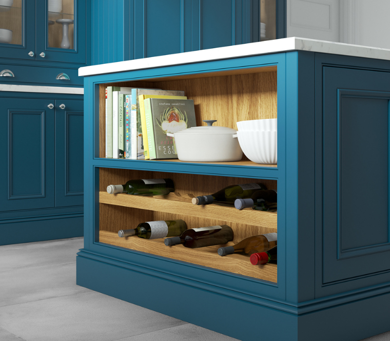 Novelle island end in painted blue with oak-lined shelving and integrated wine storage