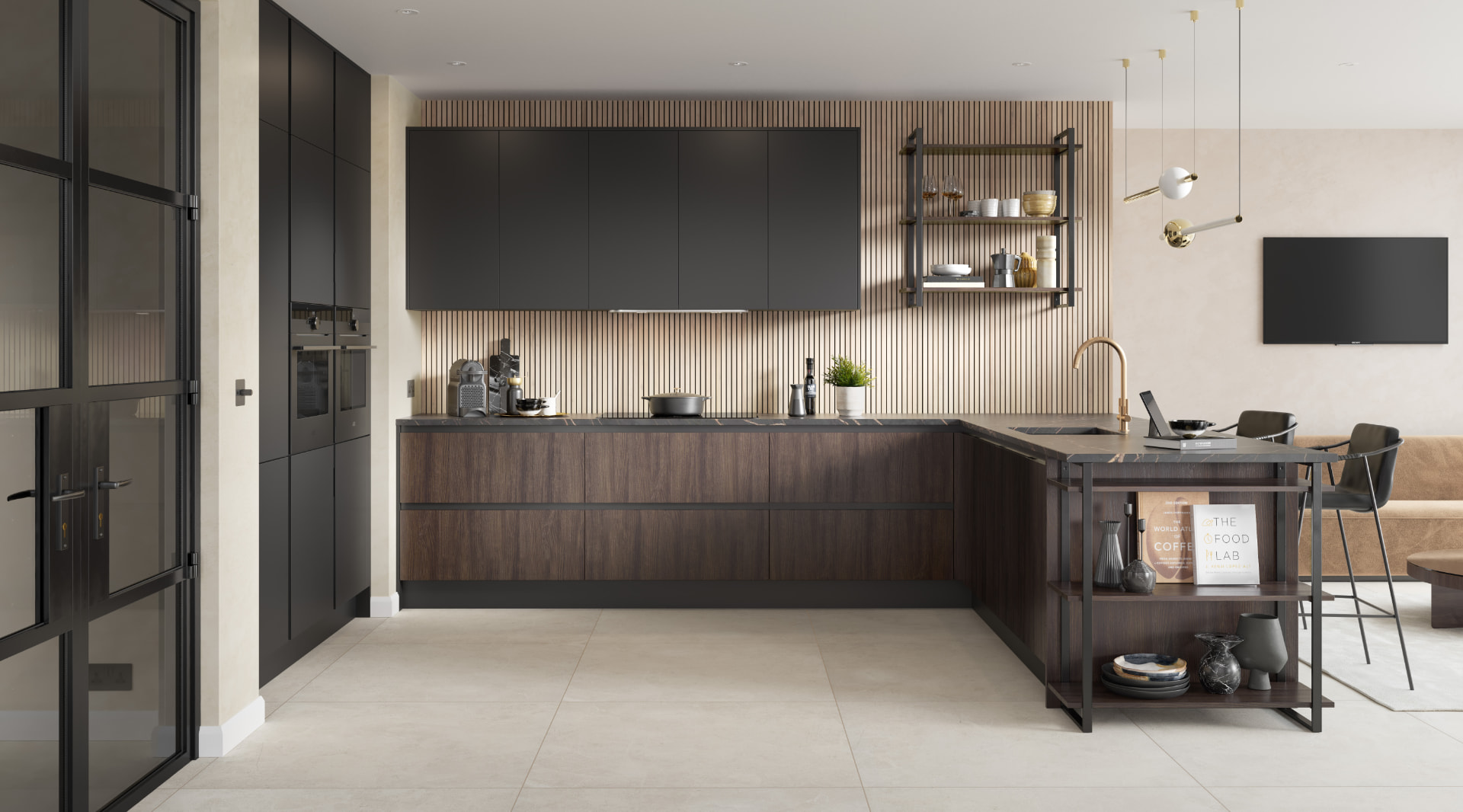 Dark matt kitchen with wenge timber detailing, designed and installed by Studio Seven