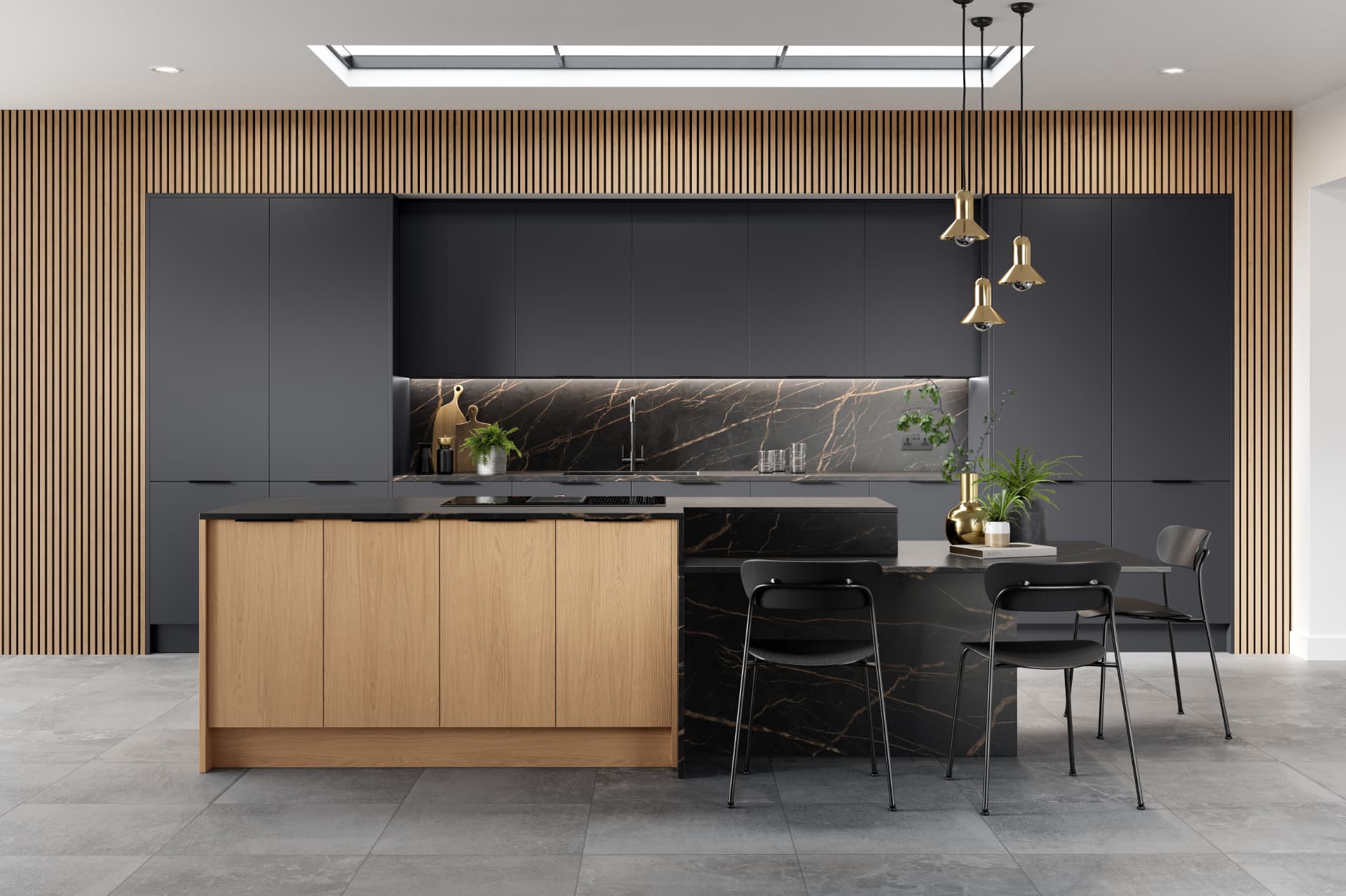 Matt carbon kitchen contrasted with a medium oak woodgrain island and vertical timber panelling