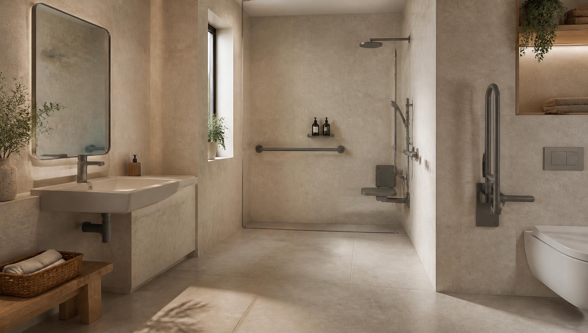 Level-access wet room with a linear drain, grab-rail provision and large-format stone tiling