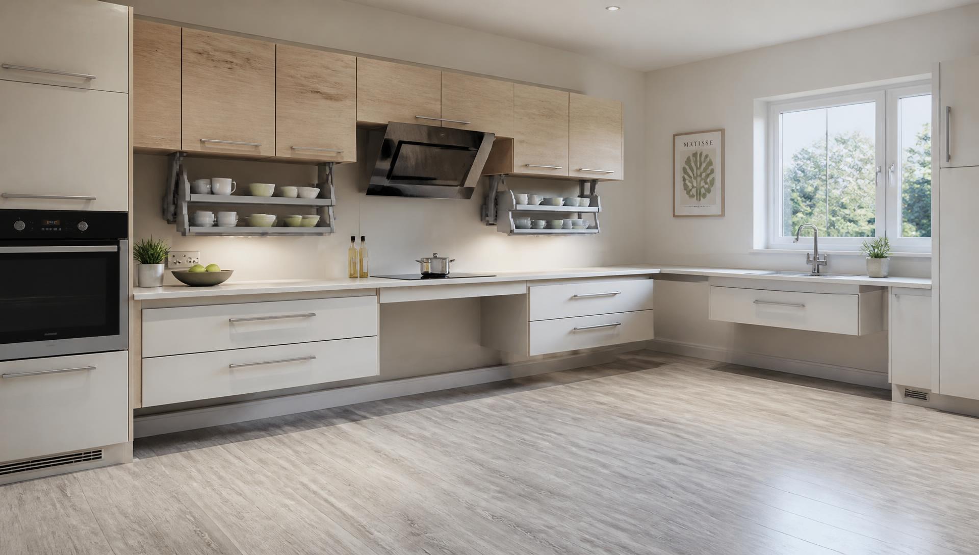 Accessible kitchen with a height-adjustable worktop run and clear turning space between units
