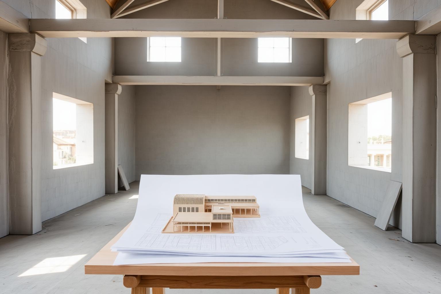 Architectural drawings and a scale model on a trestle table inside a building shell during construction
