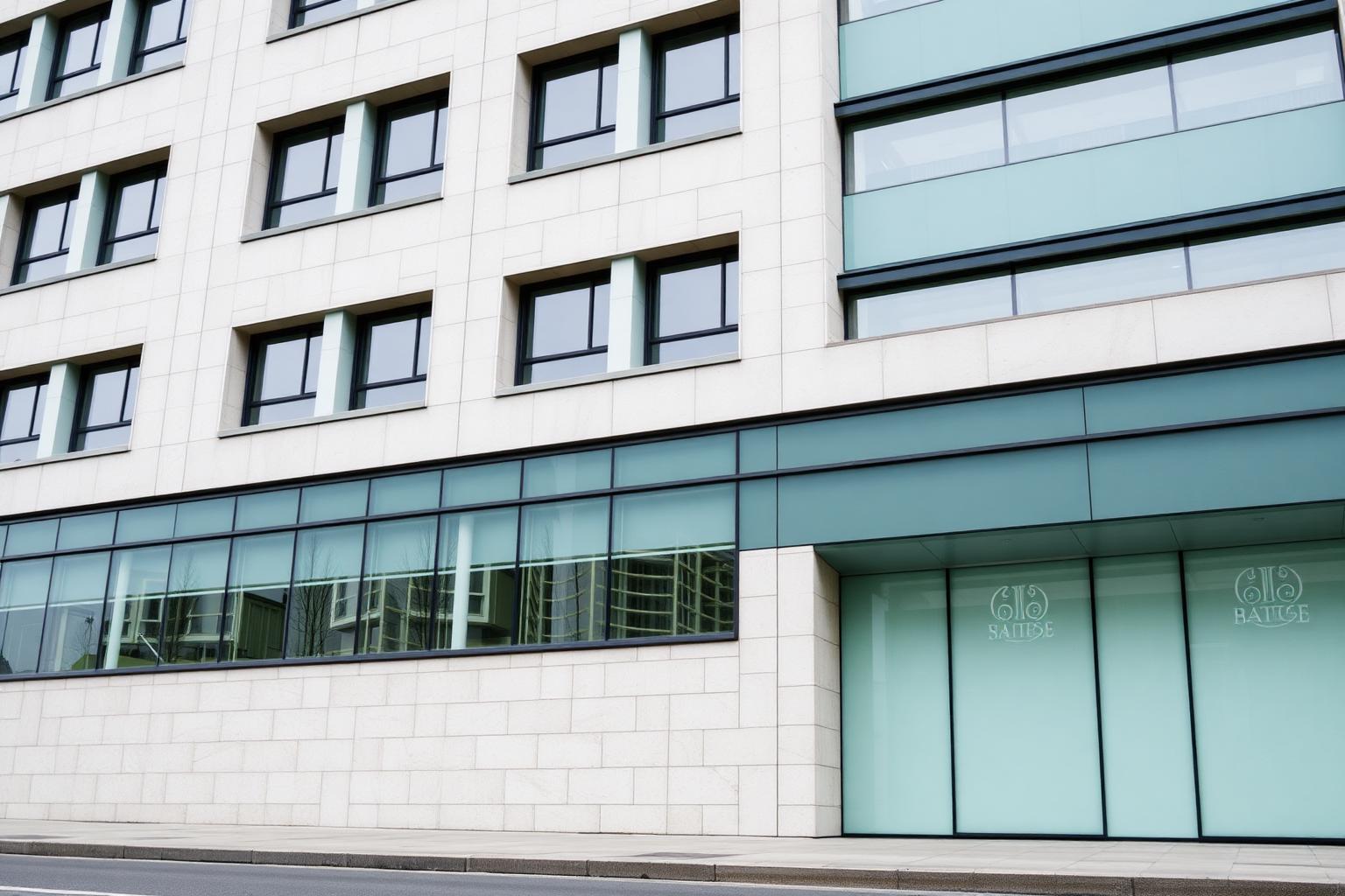 Contemporary office block facade in pale stone and glass, typical of commercial fit-out projects