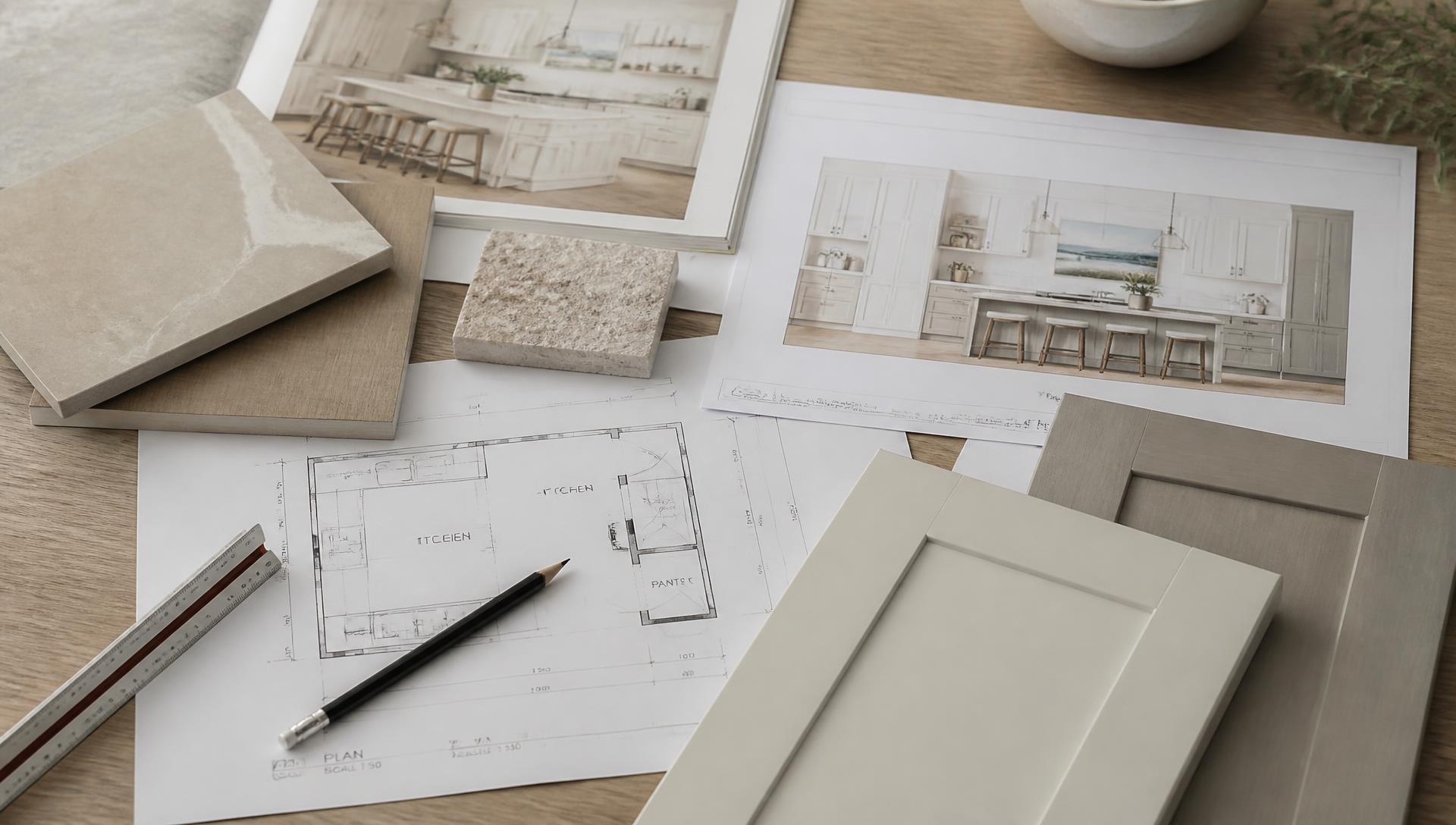 Kitchen design drawings, samples and a 3D visualisation laid out on a studio worktable