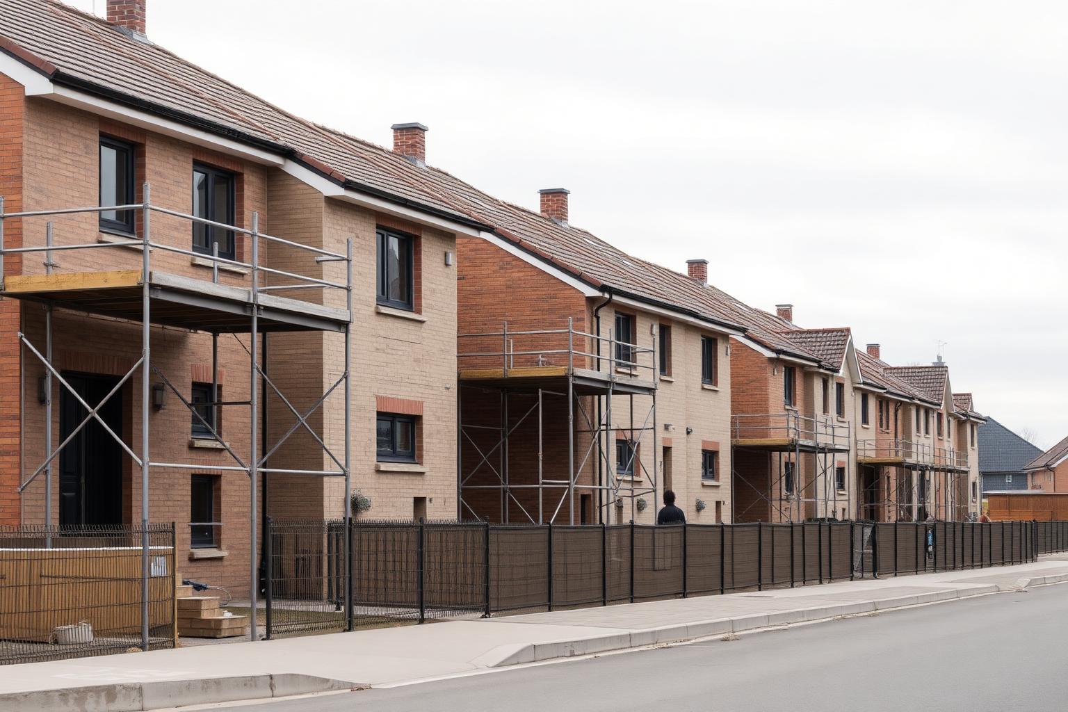Terrace of new-build houses under construction with scaffolding, the type of residential development Studio Seven supplies