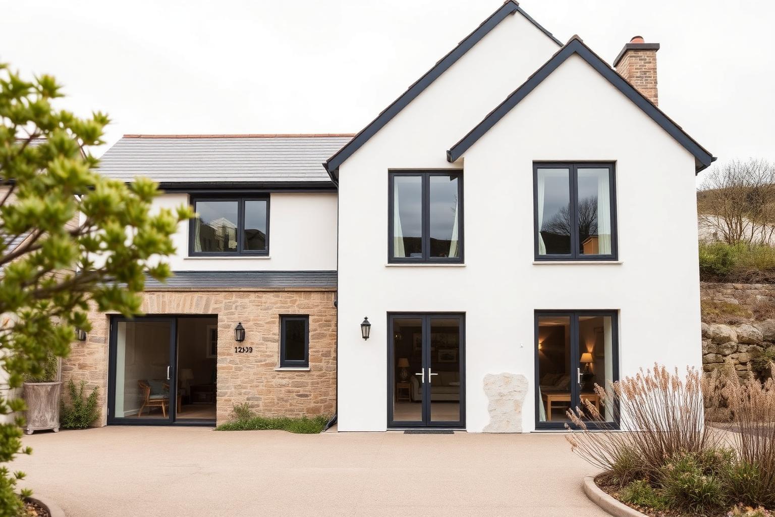 Contemporary Cornish home exterior in render and natural stone, typical of Studio Seven homeowner projects