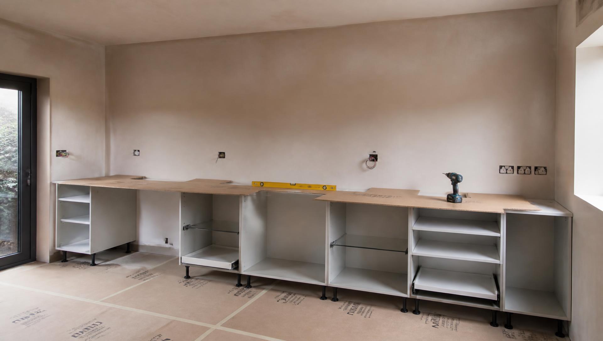 Kitchen cabinetry being installed and levelled to a finished plastered wall