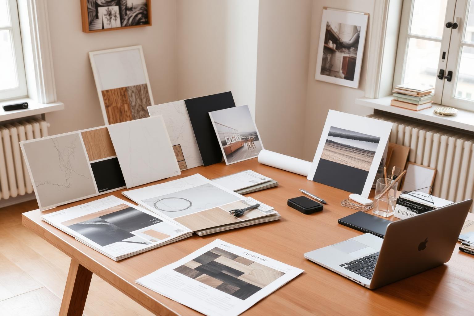 Interior design studio table with finish samples, mood boards and cabinetry drawings prepared for a client presentation