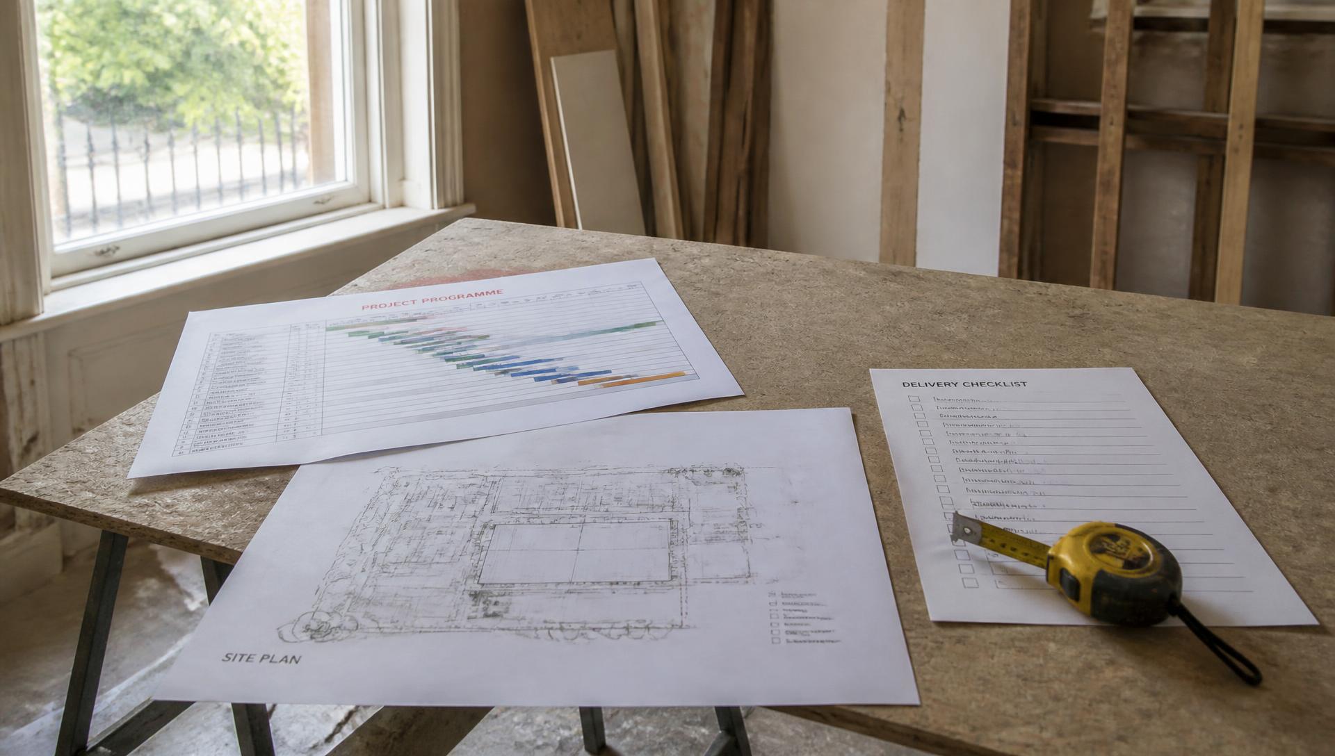 Project programme, drawings and material samples set out for a managed kitchen renovation